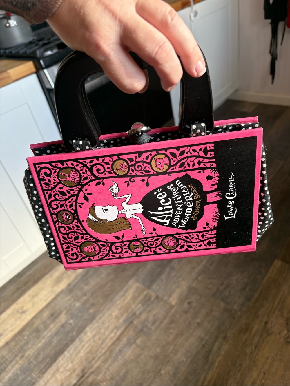 Pink Alice in Wonderland Novelty Clutch with Black Accents